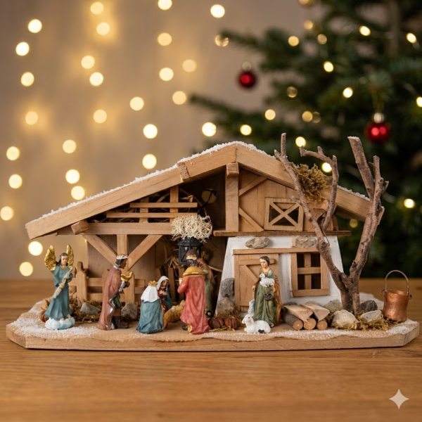 Tolle Weihnachtskrippe Gersdorf inkl. 11-tlg. Figurensatz K 111, Maße Krippe: ca. 30 x 11 x 14 cm